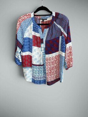 Zac & Rachel Patriotic Patchwork Casual Peasant Blouse Size Small